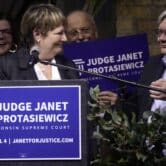 Milwaukee County Judge Janet Protasiewicz at an election night party for the Wisconsin Supreme Court primary election.