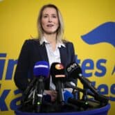 Estonian Prime Minister Kaja Kallas speaks at a news conference after her reelection victory.