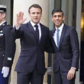 French President Emmanuel Macron welcomes Britain's Prime Minister Rishi Sunak at the Elysee Palace in Paris.