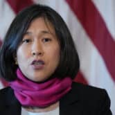 Katherine Tai speaks during a meeting at the White House Complex.
