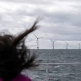 A person on a boat stands in front of five offshore wind turbines.