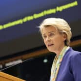 Ursula von der Leyen delivers a speech at the European Parliament.