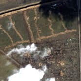 A satellite image of Crimea, which shows military vehicles and trenches.