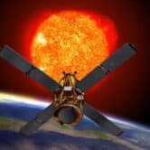 An illustration of the Rhessi satellite, which is facing the sun while orbiting Earth.