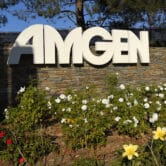 An Amgen sign outside the company's headquarters.