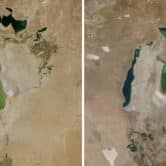 A side-by-side comparison of photos showing Aral Sea in 2000 and 2018.