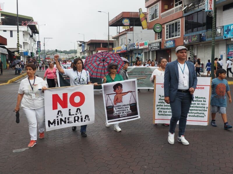 A group of people walk with banners against mining in a street