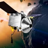 An illustration depicting the OSIRIS-REx spacecraft approaching the asteroid Bennu.