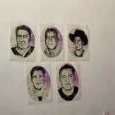 Five oval-shaped portraits drawn in ink hang on a wall, three on top, two on bottom. The portraits are stylized with a bit of purple coloring.