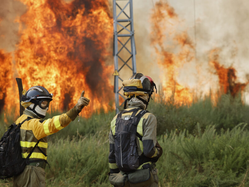 Two firefighters stand in front of intense wildfire flames and smoke, with one pointing up.
