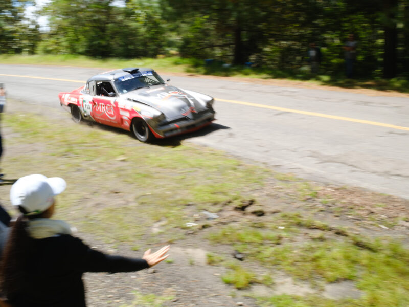 A red and silver car drives on a road with green trees in the background.