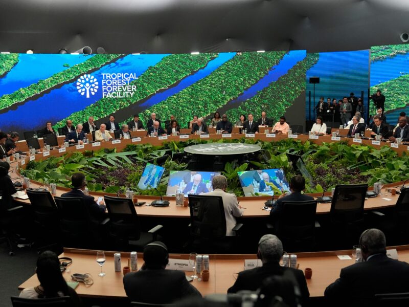 A round table with dozens of seated participants and monitors showing a speaker, with greenery in the open center and a backdrop photo of water and trees.