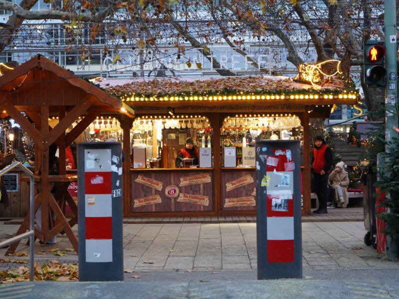 Retractable bollards blocking the entrance to a Christmas market in Berlin, Germany.