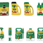 Green and yellow Miracle-Gro and Spruce products.