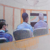 Courtroom sketch shows defendant seated with counsel as jurors and a judge participate in a Texas murder trial.