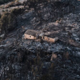 A small stone house stands amid a blackened hillside and scorched trees after a wildfire near Bedar, Spain.