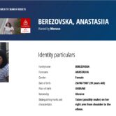 A web page screenshot with a blue banner and white text: Berezovska, Anastasiia, wanted by Monaco, with a photo of a woman in a striped shirt and details about her.