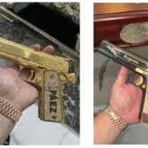Two customized pistols shown in Justice Department filing are displayed side by side with engraved and jeweled decorations.