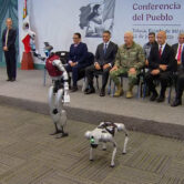A silver humanoid robot stands next to a robodog, one wears a red vest in front of onlookers in Mexico.