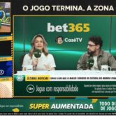 Screenshot of a CazéTV broadcast showing presenters in a studio-style segment beside Bet365 and CazéTV branding.